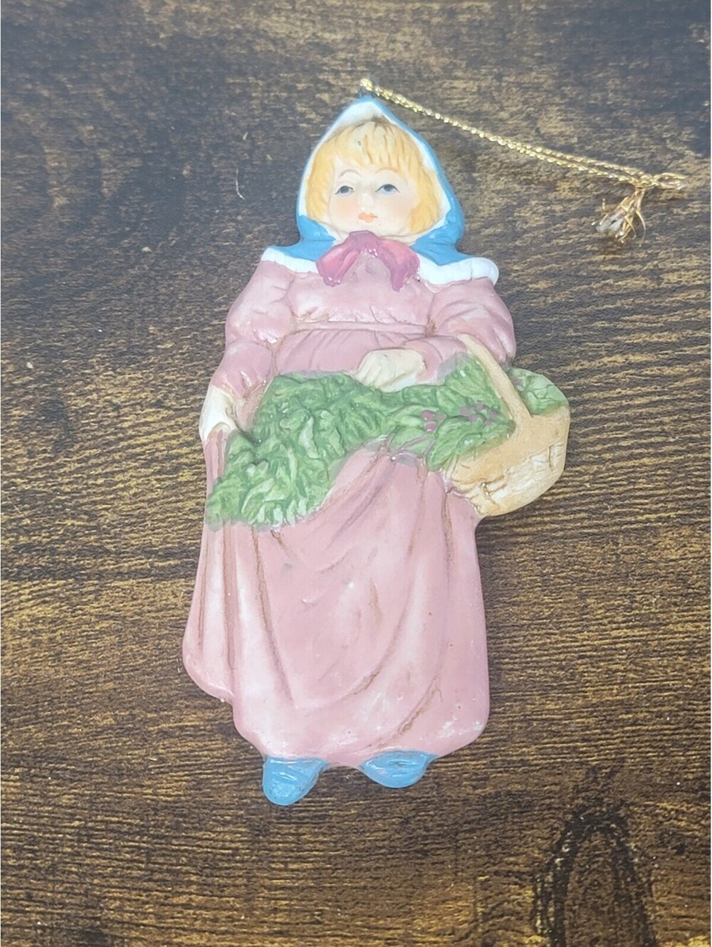 Ceramic Antique Bisque Little Girl Bonnet Head With Basket Tree Ornament